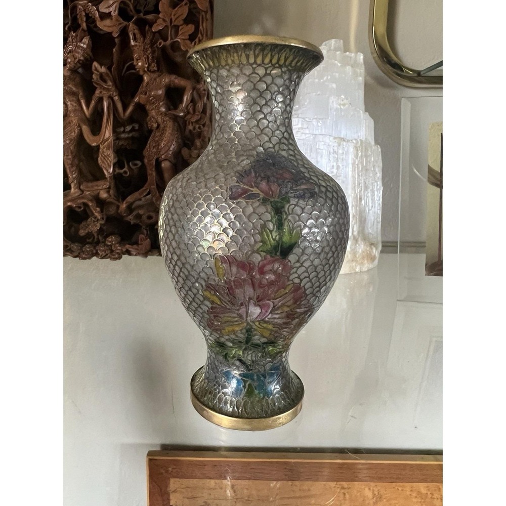 Vintage Cloisonne Enamel Floral Vase Silver Fish Scale Pattern Turquoise Base 5" - Picture 5 of 11